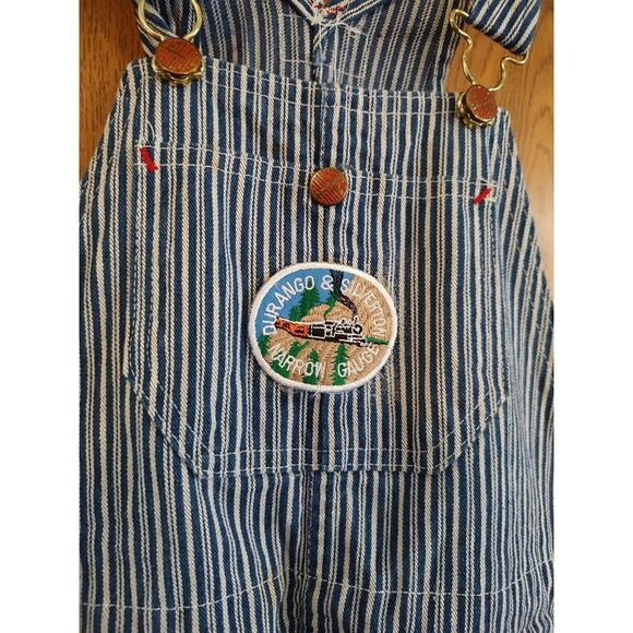 Vintage Round House Train Pinstripe Denim Blue Overalls Youth Kids D&SNG - 14